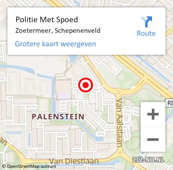 Locatie op kaart van de 112 melding: Politie Met Spoed Naar Zoetermeer, Schepenenveld op 27 augustus 2024 12:23