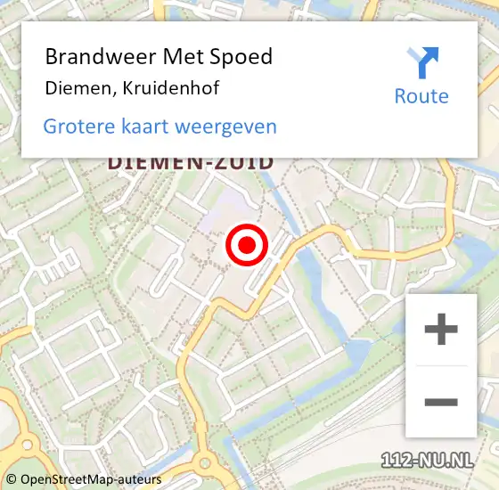 Locatie op kaart van de 112 melding: Brandweer Met Spoed Naar Diemen, Kruidenhof op 27 augustus 2024 12:40