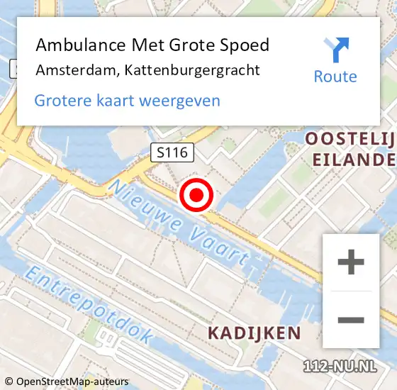 Locatie op kaart van de 112 melding: Ambulance Met Grote Spoed Naar Amsterdam, Kattenburgergracht op 27 augustus 2024 14:05