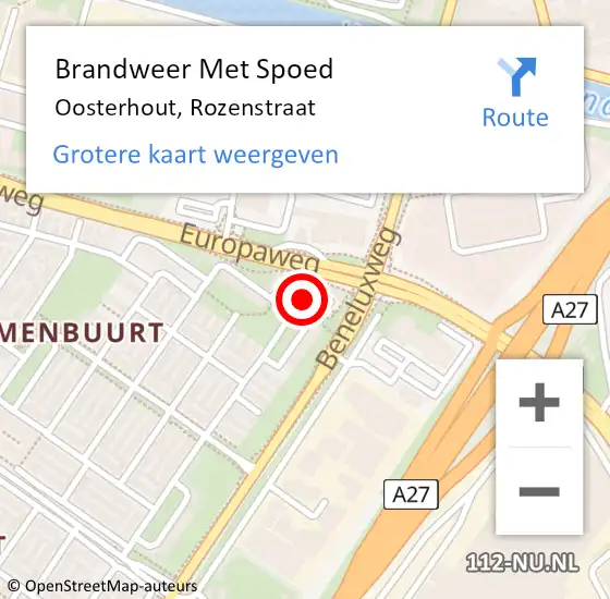 Locatie op kaart van de 112 melding: Brandweer Met Spoed Naar Oosterhout, Rozenstraat op 27 augustus 2024 14:51