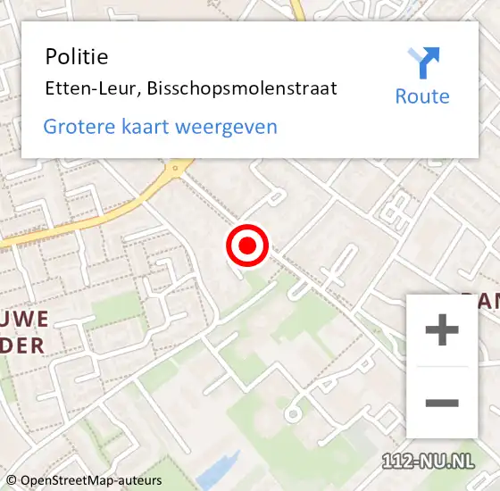 Locatie op kaart van de 112 melding: Politie Etten-Leur, Bisschopsmolenstraat op 27 augustus 2024 18:56