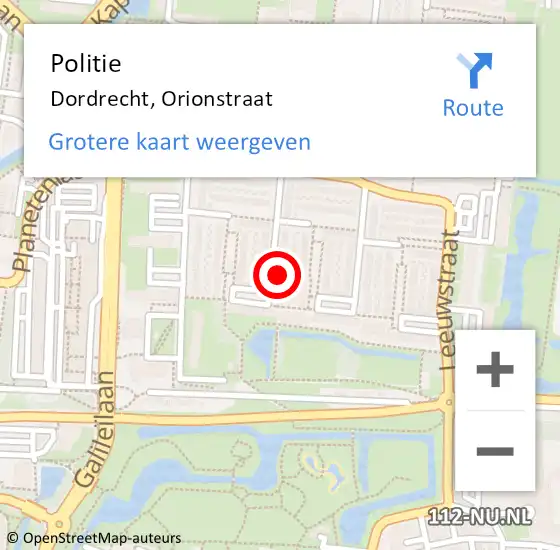 Locatie op kaart van de 112 melding: Politie Dordrecht, Orionstraat op 27 augustus 2024 19:05