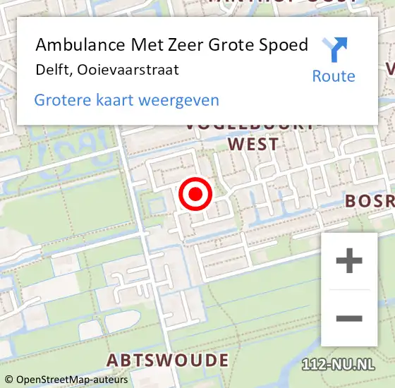 Locatie op kaart van de 112 melding: Ambulance Met Zeer Grote Spoed Naar Delft, Ooievaarstraat op 27 augustus 2024 20:02