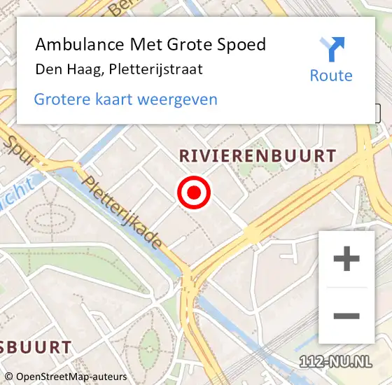 Locatie op kaart van de 112 melding: Ambulance Met Grote Spoed Naar Den Haag, Pletterijstraat op 27 augustus 2024 21:13