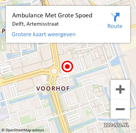 Locatie op kaart van de 112 melding: Ambulance Met Grote Spoed Naar Delft, Artemisstraat op 27 augustus 2024 21:20