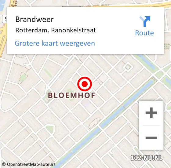 Locatie op kaart van de 112 melding: Brandweer Rotterdam, Ranonkelstraat op 27 augustus 2024 21:34