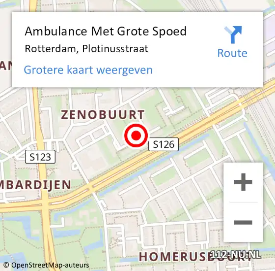 Locatie op kaart van de 112 melding: Ambulance Met Grote Spoed Naar Rotterdam, Plotinusstraat op 28 augustus 2024 01:40