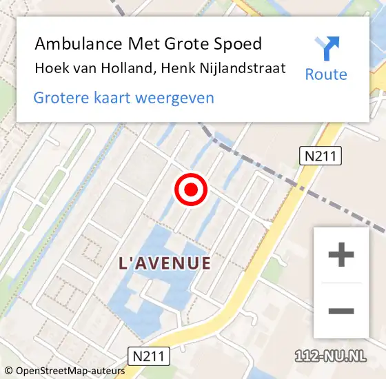 Locatie op kaart van de 112 melding: Ambulance Met Grote Spoed Naar Hoek van Holland, Henk Nijlandstraat op 28 augustus 2024 02:40