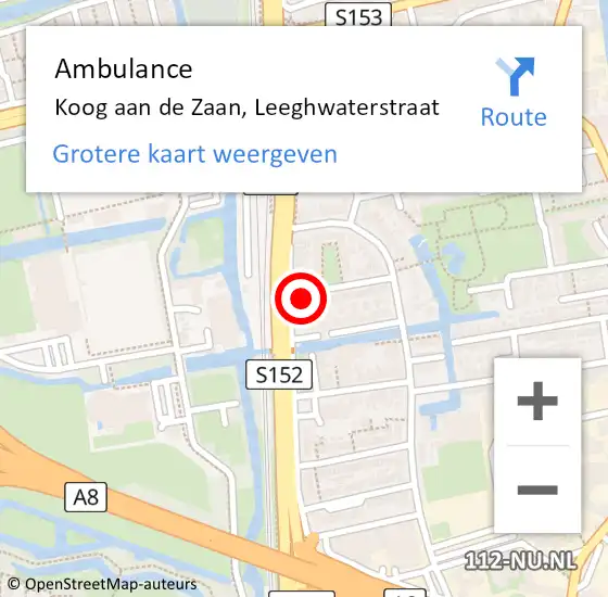 Locatie op kaart van de 112 melding: Ambulance Koog aan de Zaan, Leeghwaterstraat op 28 augustus 2024 08:59