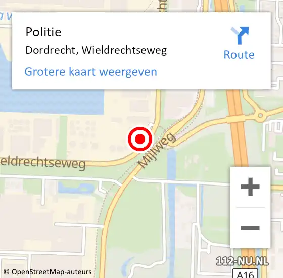 Locatie op kaart van de 112 melding: Politie Dordrecht, Wieldrechtseweg op 28 augustus 2024 10:54