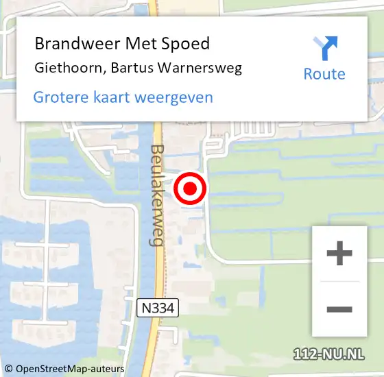 Locatie op kaart van de 112 melding: Brandweer Met Spoed Naar Giethoorn, Bartus Warnersweg op 28 augustus 2024 13:02