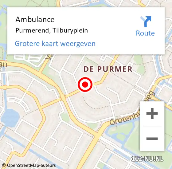 Locatie op kaart van de 112 melding: Ambulance Purmerend, Tilburyplein op 28 augustus 2024 13:27