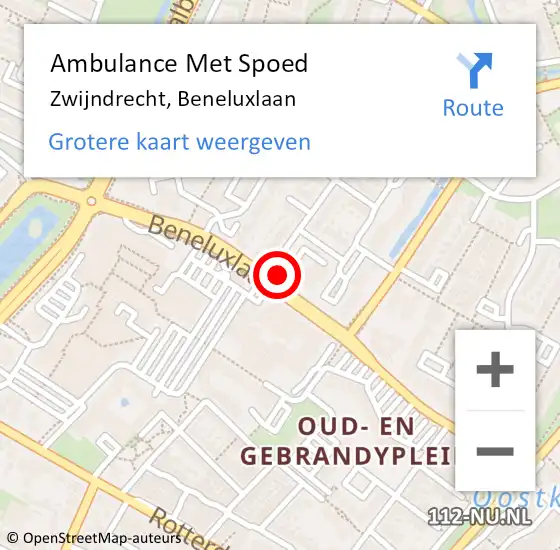 Locatie op kaart van de 112 melding: Ambulance Met Spoed Naar Zwijndrecht, Beneluxlaan op 28 augustus 2024 14:54