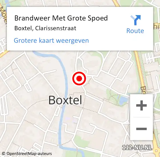 Locatie op kaart van de 112 melding: Brandweer Met Grote Spoed Naar Boxtel, Clarissenstraat op 28 augustus 2024 15:24