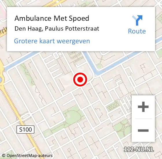 Locatie op kaart van de 112 melding: Ambulance Met Spoed Naar Den Haag, Paulus Potterstraat op 28 augustus 2024 15:45