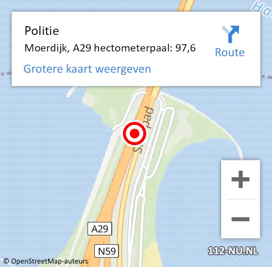 Locatie op kaart van de 112 melding: Politie Moerdijk, A29 hectometerpaal: 97,6 op 28 augustus 2024 16:34