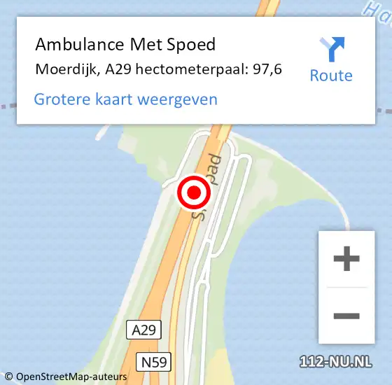 Locatie op kaart van de 112 melding: Ambulance Met Spoed Naar Moerdijk, A29 hectometerpaal: 97,6 op 28 augustus 2024 16:35