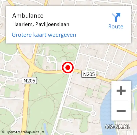 Locatie op kaart van de 112 melding: Ambulance Haarlem, Paviljoenslaan op 28 augustus 2024 17:04