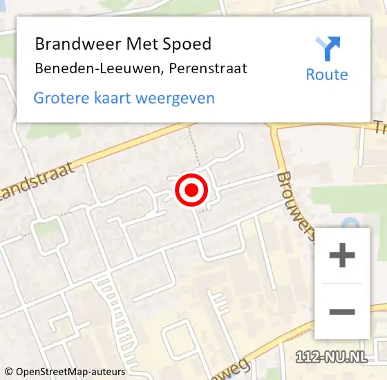 Locatie op kaart van de 112 melding: Brandweer Met Spoed Naar Beneden-Leeuwen, Perenstraat op 29 augustus 2024 06:36