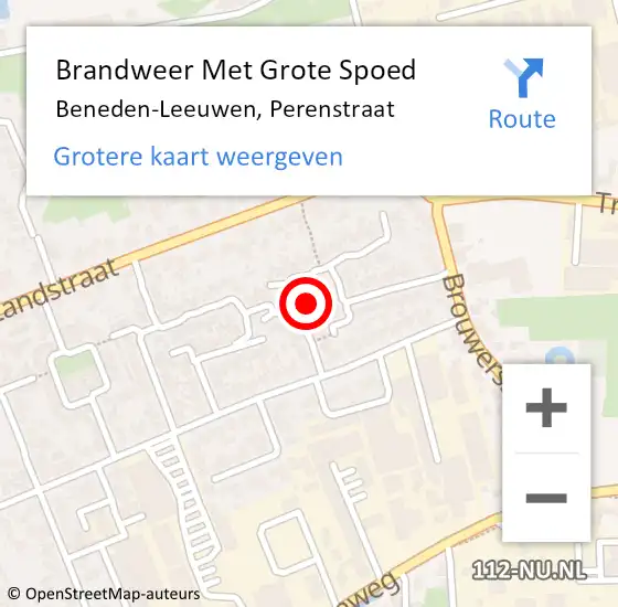 Locatie op kaart van de 112 melding: Brandweer Met Grote Spoed Naar Beneden-Leeuwen, Perenstraat op 29 augustus 2024 06:36