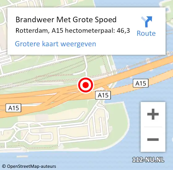 Locatie op kaart van de 112 melding: Brandweer Met Grote Spoed Naar Rotterdam, A15 hectometerpaal: 46,3 op 29 augustus 2024 06:51