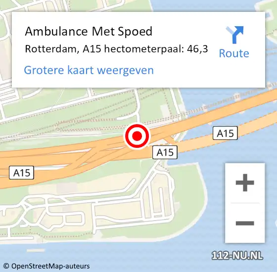 Locatie op kaart van de 112 melding: Ambulance Met Spoed Naar Rotterdam, A15 hectometerpaal: 46,3 op 29 augustus 2024 06:52