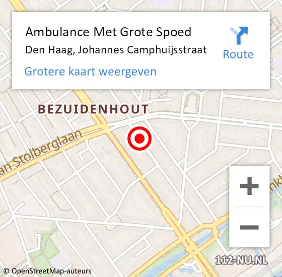 Locatie op kaart van de 112 melding: Ambulance Met Grote Spoed Naar Den Haag, Johannes Camphuijsstraat op 29 augustus 2024 06:56