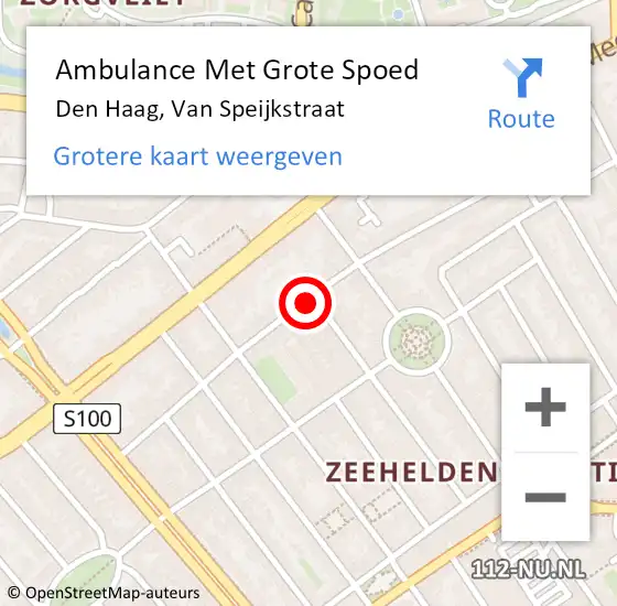 Locatie op kaart van de 112 melding: Ambulance Met Grote Spoed Naar Den Haag, Van Speijkstraat op 29 augustus 2024 12:05