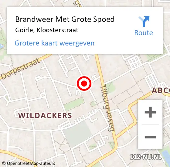 Locatie op kaart van de 112 melding: Brandweer Met Grote Spoed Naar Goirle, Kloosterstraat op 29 augustus 2024 13:19