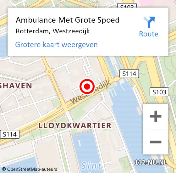 Locatie op kaart van de 112 melding: Ambulance Met Grote Spoed Naar Rotterdam, Westzeedijk op 29 augustus 2024 14:33