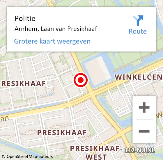 Locatie op kaart van de 112 melding: Politie Arnhem, Laan van Presikhaaf op 29 augustus 2024 14:40