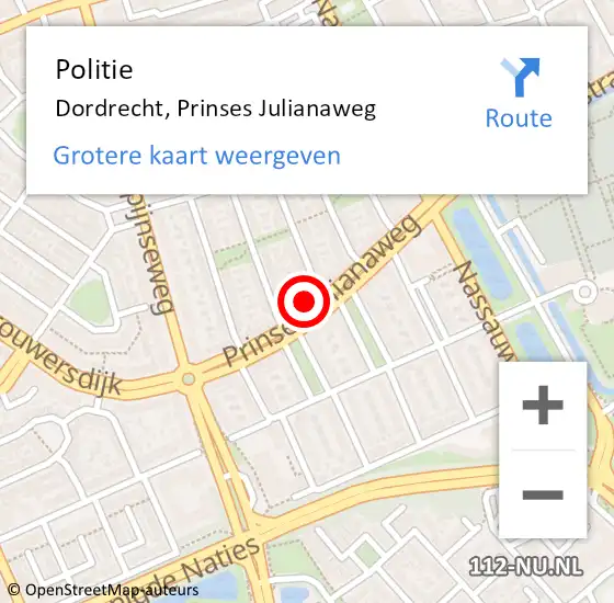 Locatie op kaart van de 112 melding: Politie Dordrecht, Prinses Julianaweg op 29 augustus 2024 17:00