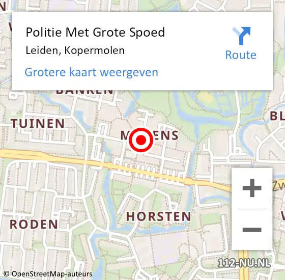 Locatie op kaart van de 112 melding: Politie Met Grote Spoed Naar Leiden, Kopermolen op 29 augustus 2024 18:29