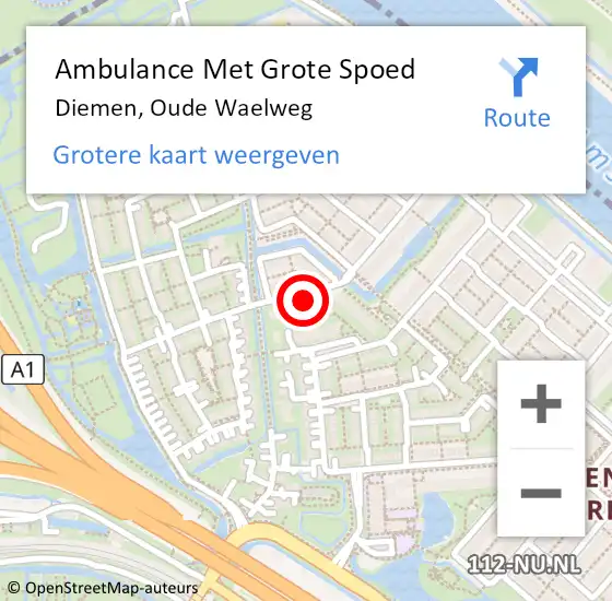 Locatie op kaart van de 112 melding: Ambulance Met Grote Spoed Naar Diemen, Oude Waelweg op 29 augustus 2024 21:46