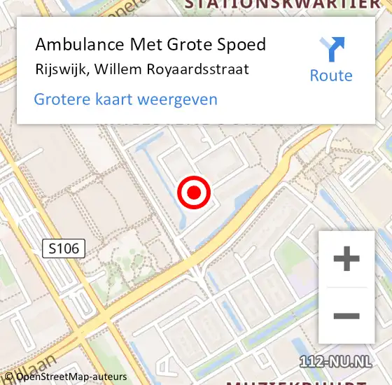 Locatie op kaart van de 112 melding: Ambulance Met Grote Spoed Naar Rijswijk, Willem Royaardsstraat op 29 augustus 2024 22:21