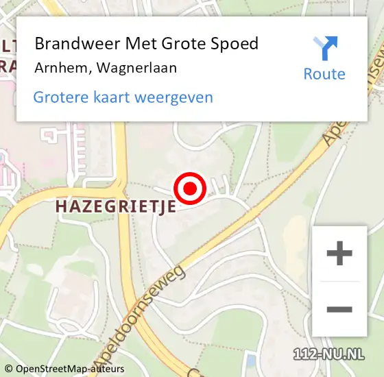 Locatie op kaart van de 112 melding: Brandweer Met Grote Spoed Naar Arnhem, Wagnerlaan op 30 augustus 2024 03:32