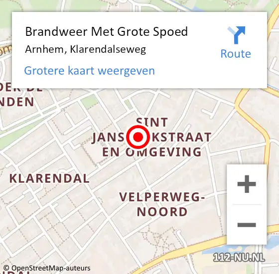 Locatie op kaart van de 112 melding: Brandweer Met Grote Spoed Naar Arnhem, Klarendalseweg op 30 augustus 2024 06:33