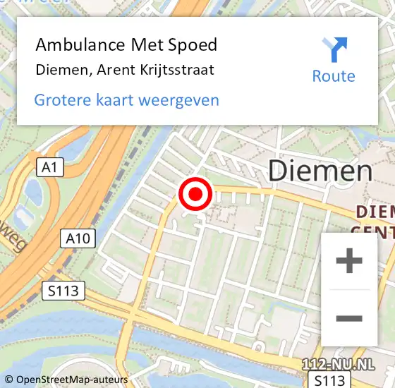 Locatie op kaart van de 112 melding: Ambulance Met Spoed Naar Diemen, Arent Krijtsstraat op 30 augustus 2024 08:11