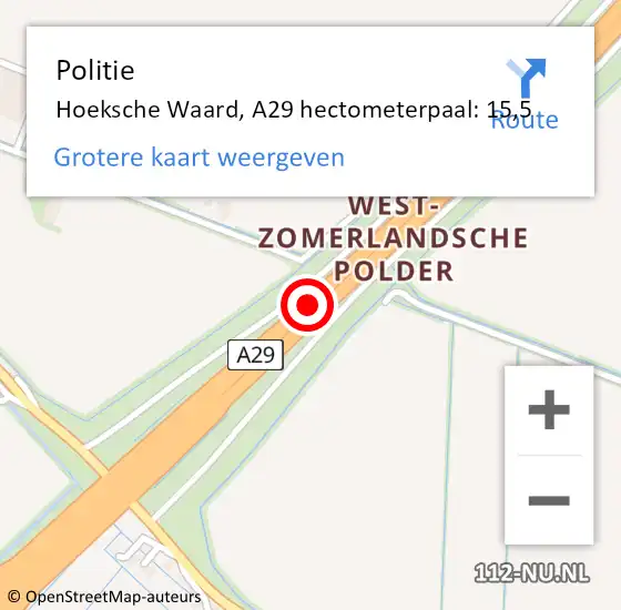 Locatie op kaart van de 112 melding: Politie Hoeksche Waard, A29 hectometerpaal: 15,5 op 30 augustus 2024 10:31