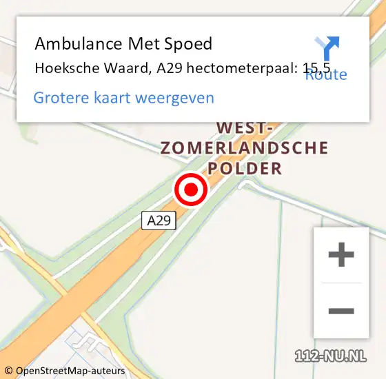 Locatie op kaart van de 112 melding: Ambulance Met Spoed Naar Hoeksche Waard, A29 hectometerpaal: 15,5 op 30 augustus 2024 10:31