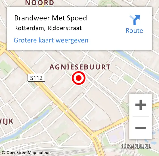 Locatie op kaart van de 112 melding: Brandweer Met Spoed Naar Rotterdam, Ridderstraat op 30 augustus 2024 10:56
