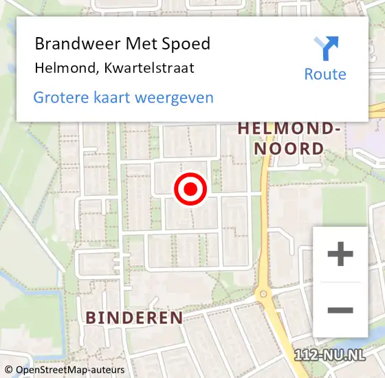 Locatie op kaart van de 112 melding: Brandweer Met Spoed Naar Helmond, Kwartelstraat op 30 augustus 2024 11:02