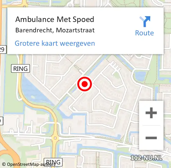 Locatie op kaart van de 112 melding: Ambulance Met Spoed Naar Barendrecht, Mozartstraat op 30 augustus 2024 12:32