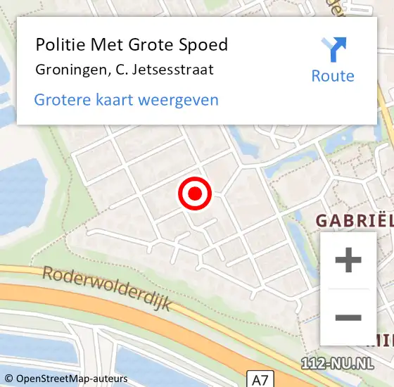 Locatie op kaart van de 112 melding: Politie Met Grote Spoed Naar Groningen, C. Jetsesstraat op 30 augustus 2024 13:42