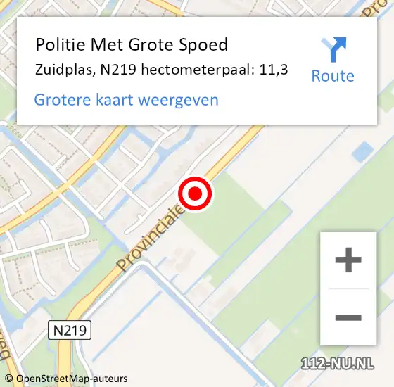 Locatie op kaart van de 112 melding: Politie Met Grote Spoed Naar Zuidplas, N219 hectometerpaal: 11,3 op 30 augustus 2024 14:58