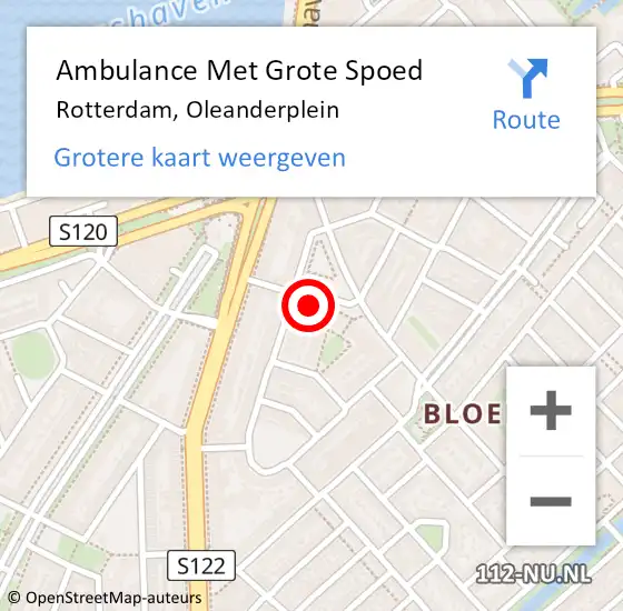 Locatie op kaart van de 112 melding: Ambulance Met Grote Spoed Naar Rotterdam, Oleanderplein op 30 augustus 2024 16:37