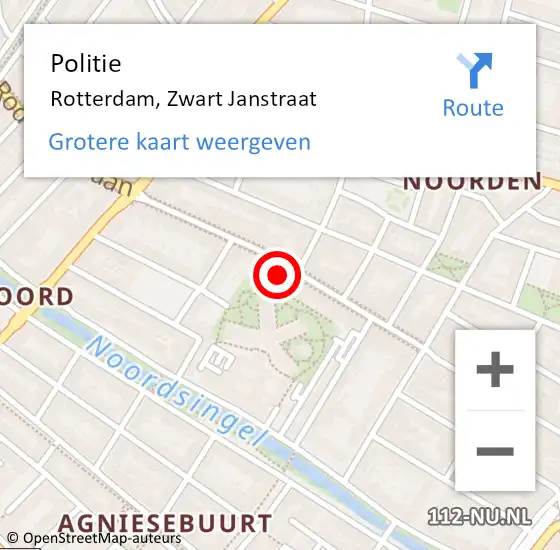 Locatie op kaart van de 112 melding: Politie Rotterdam, Zwart Janstraat op 30 augustus 2024 18:06