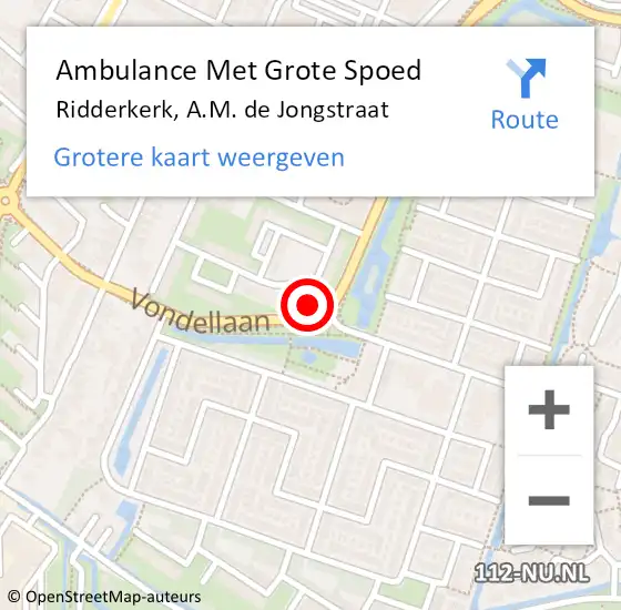 Locatie op kaart van de 112 melding: Ambulance Met Grote Spoed Naar Ridderkerk, A.M. de Jongstraat op 30 augustus 2024 19:31