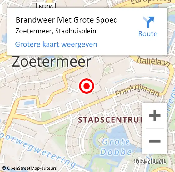 Locatie op kaart van de 112 melding: Brandweer Met Grote Spoed Naar Zoetermeer, Stadhuisplein op 30 augustus 2024 21:01