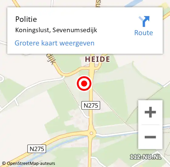 Locatie op kaart van de 112 melding: Politie Koningslust, Sevenumsedijk op 30 augustus 2024 21:43